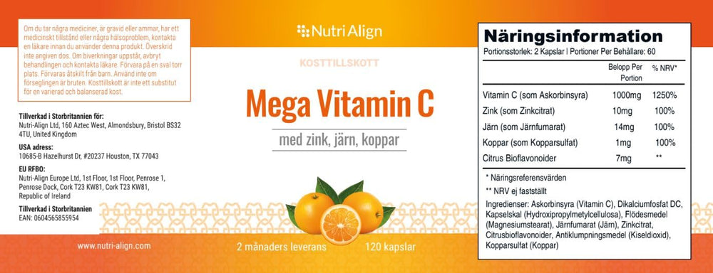 Nutri-Align Mega Vitamin C capsules close-up emphasizing vegetarian capsules for plant-based diets.