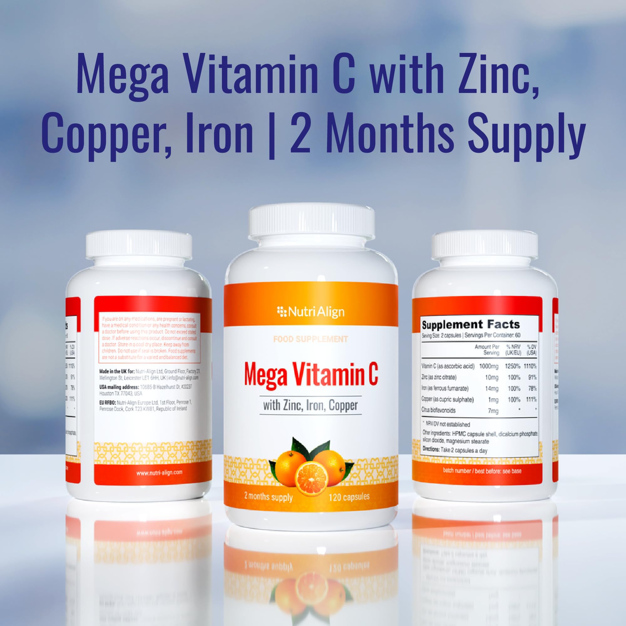 Nutri-Align Mega Vitamin C packaging with glossy label showcases quality and safety.