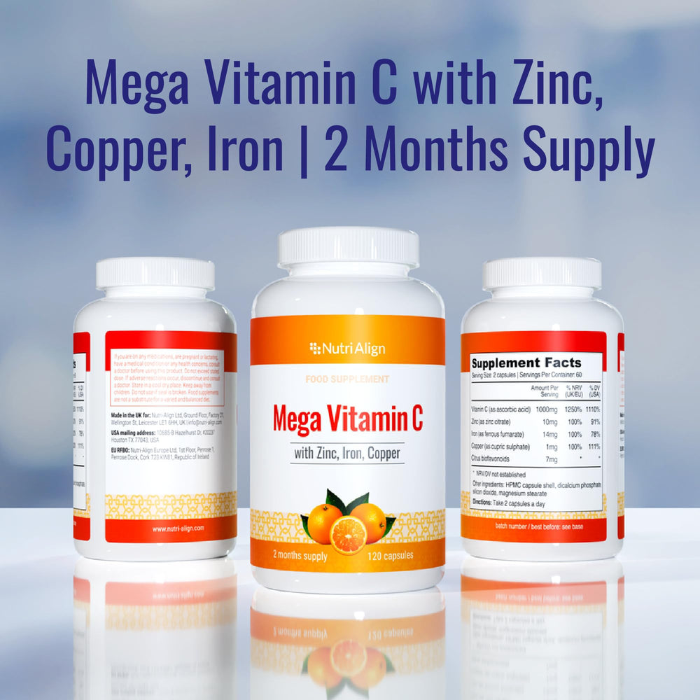 Nutri-Align Mega Vitamin C packaging with glossy label showcases quality and safety.