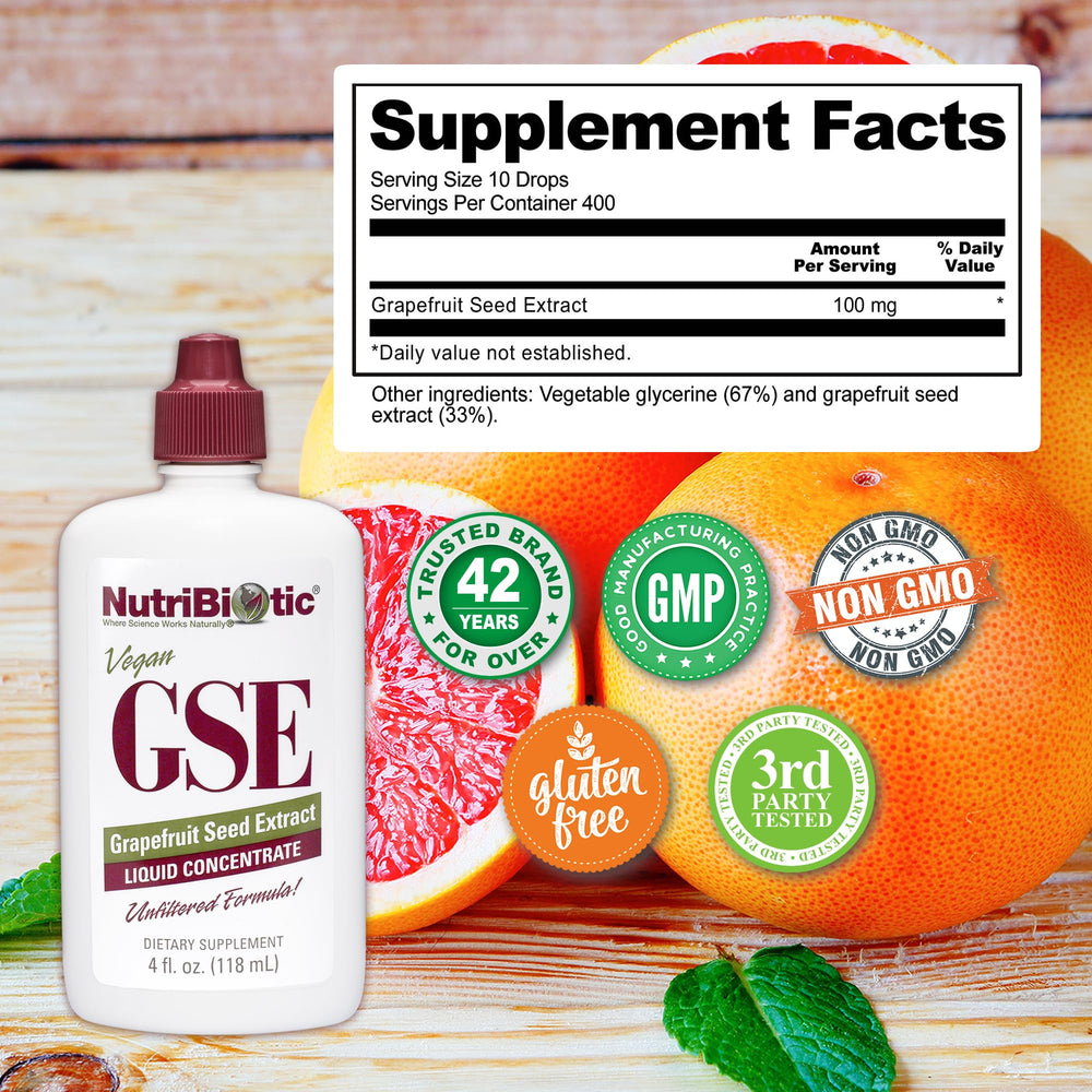 NutriBiotic GSE ingredients icons emphasize vegan, gluten-free, non-GMO formulation.
