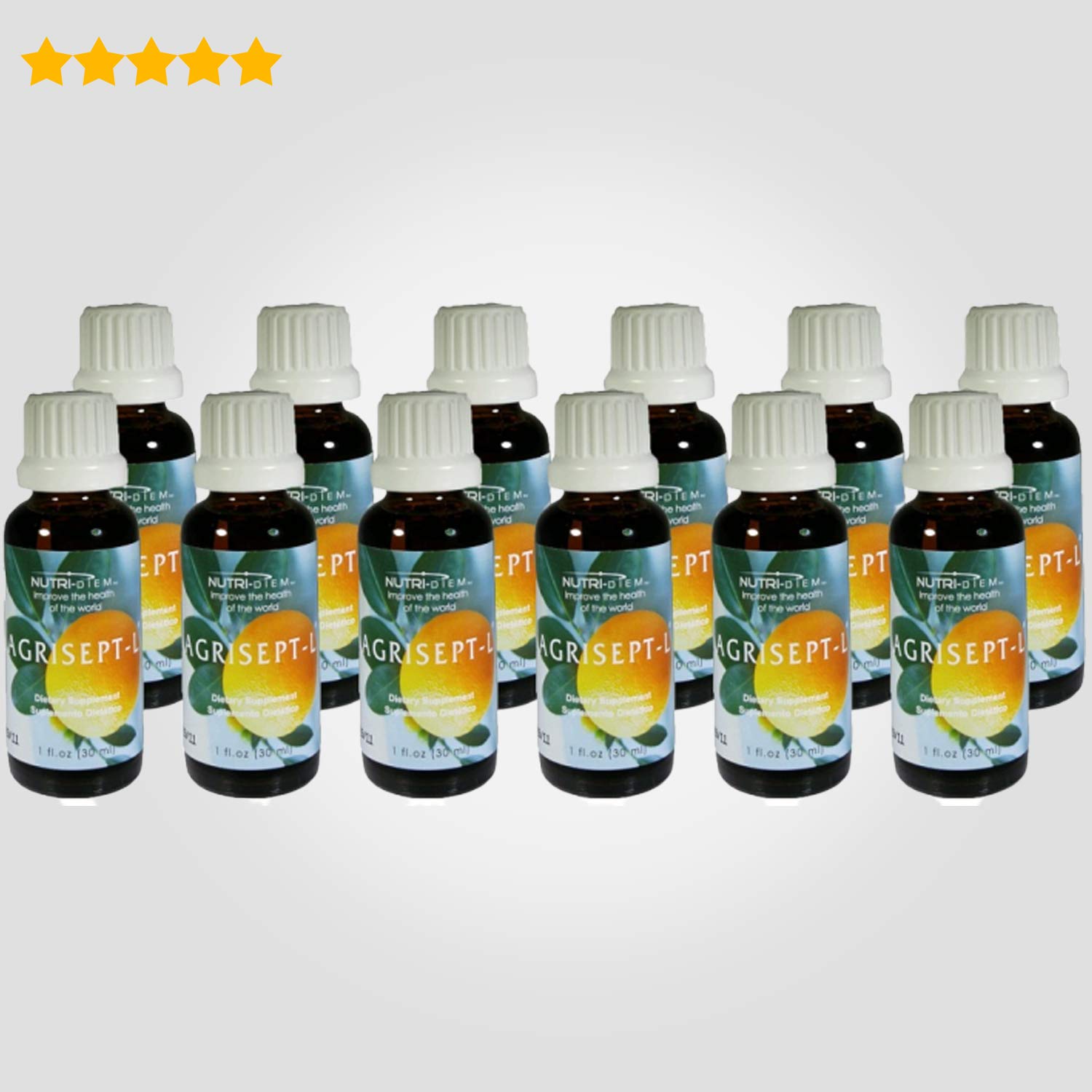 Nutri-Diem Agrisept L Antioxidant 12-bottle pack arranged for daily routines.