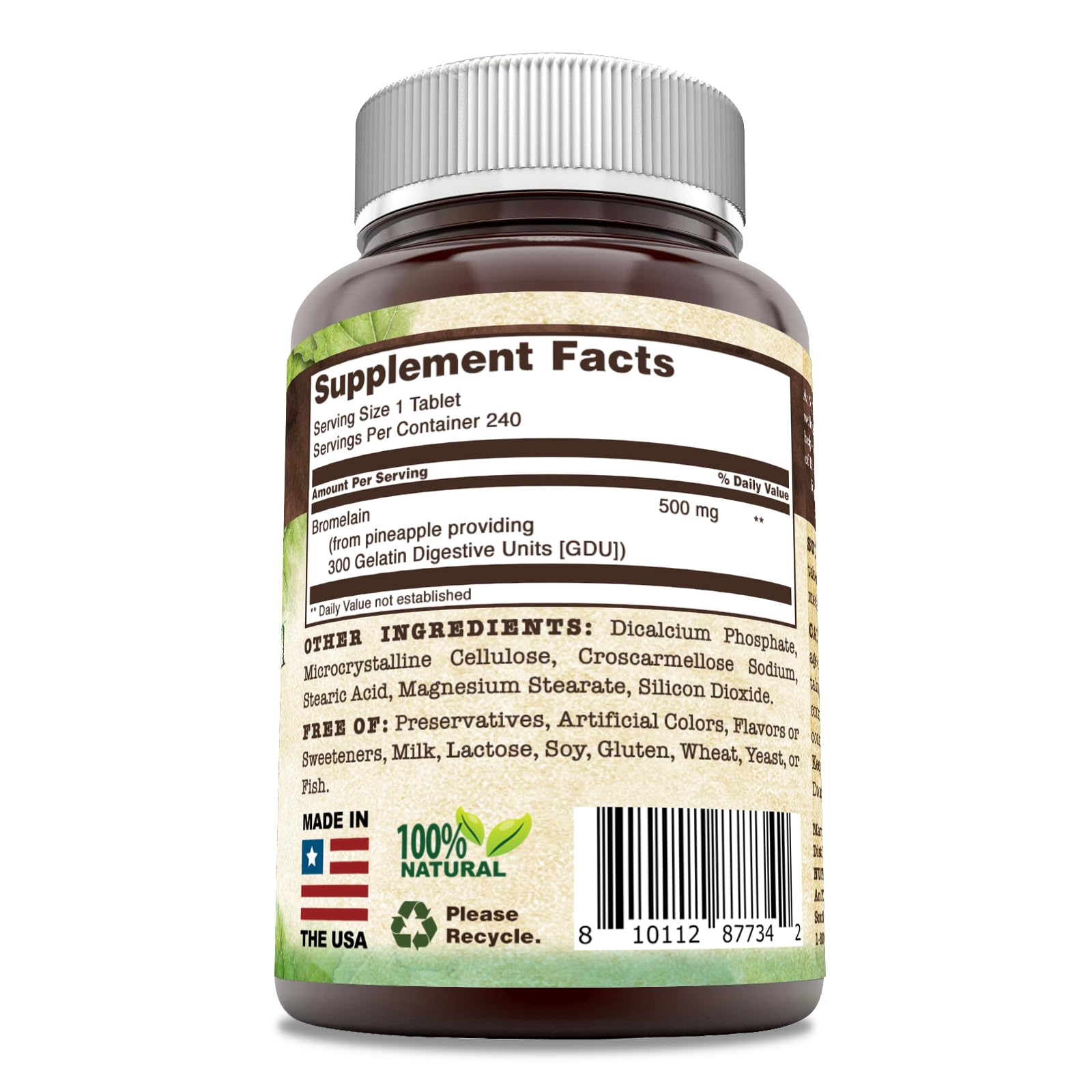Nutri Essentials Bromelain 500 mg bottle pour, gluten-free and USA-made for easy routines