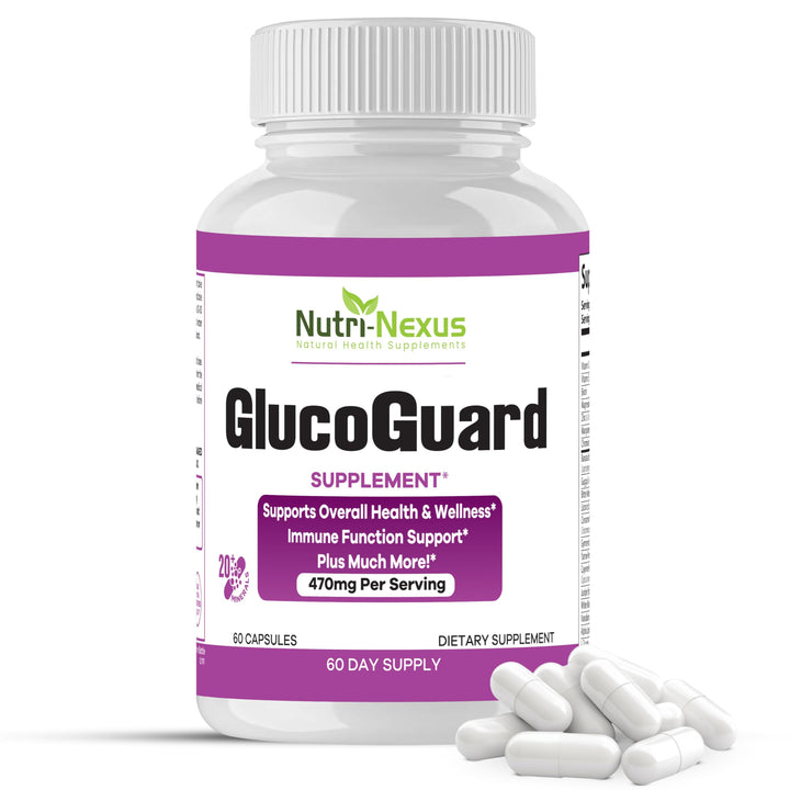 Nutri-Nexus GlucoGuard bottle front shows 60 capsules for daily wellness support