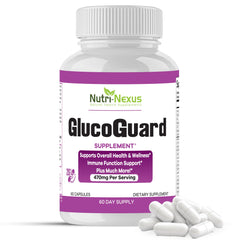 Nutri-Nexus GlucoGuard bottle front shows 60 capsules for daily wellness support