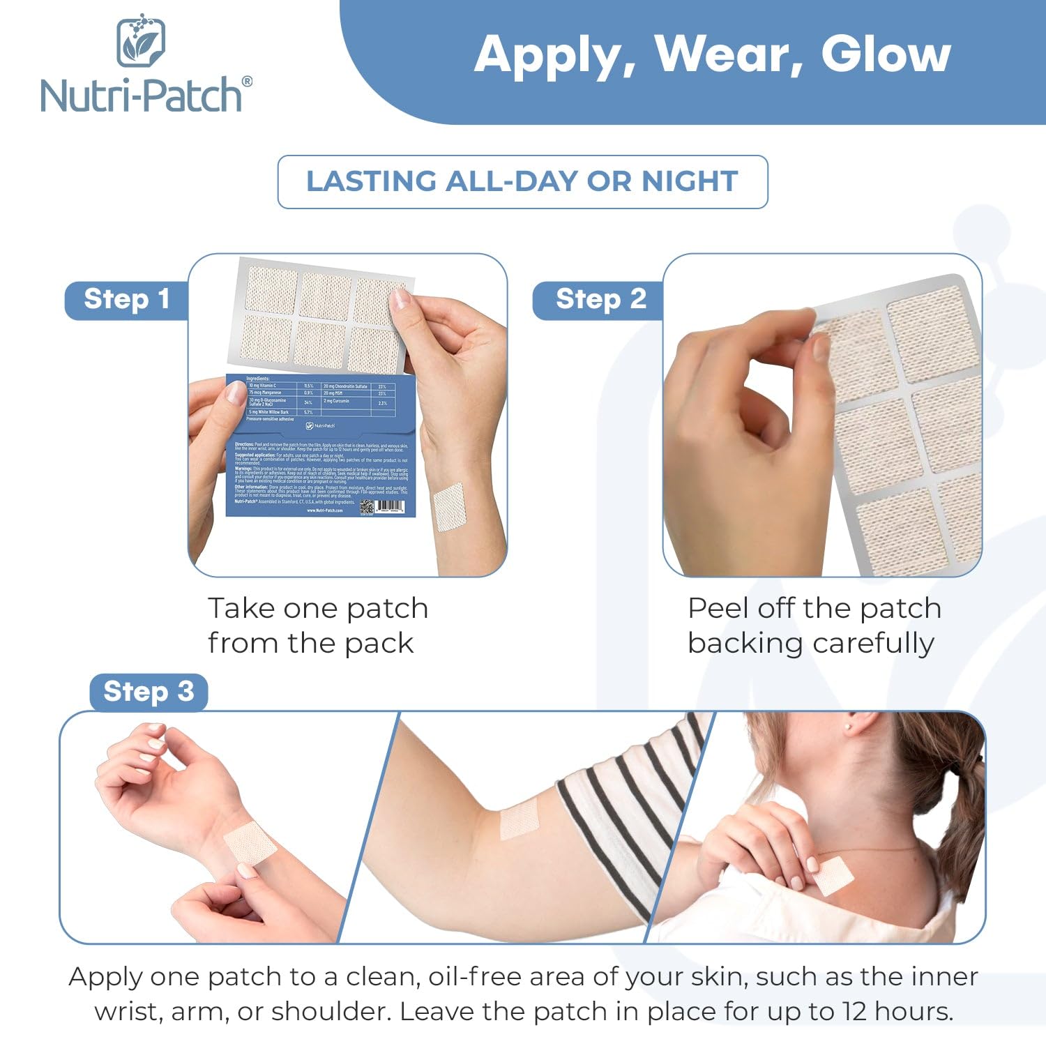 NUTRI-PATCH Inflam peel-ready application demonstrates easy use.