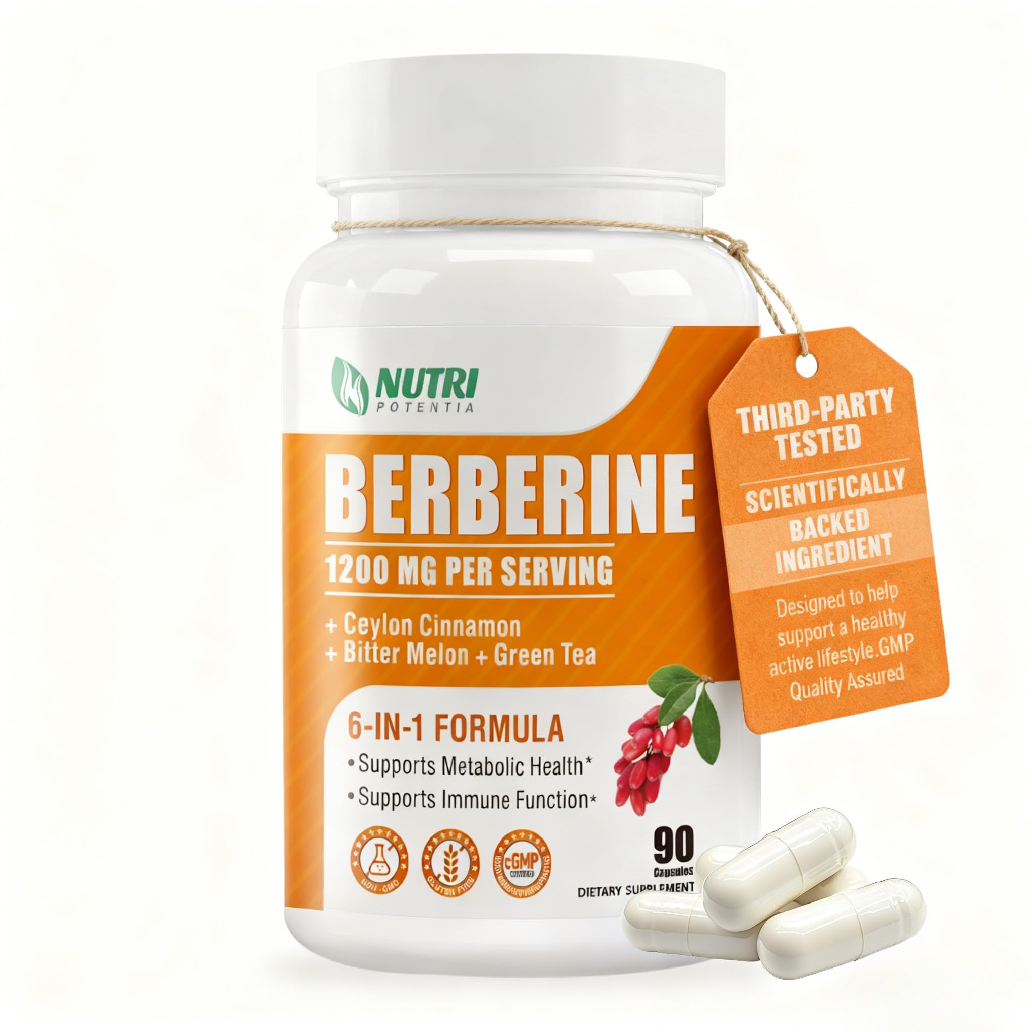 Nutri Potentia berberine bottle label highlighting 1200mg for metabolic balance