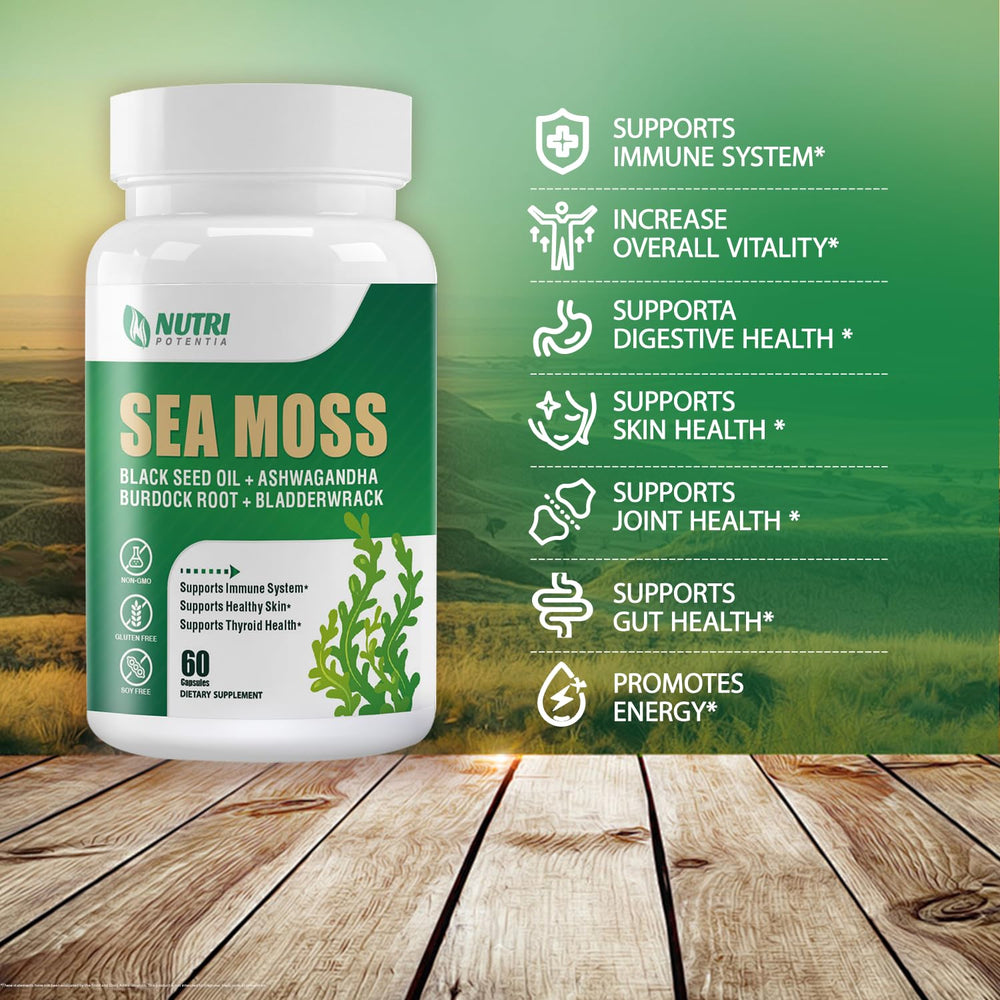 NUTRI POTENTIA black seed oil bladderwrack capsules with labeled ingredients.