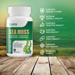 NUTRI POTENTIA black seed oil bladderwrack capsules with labeled ingredients.