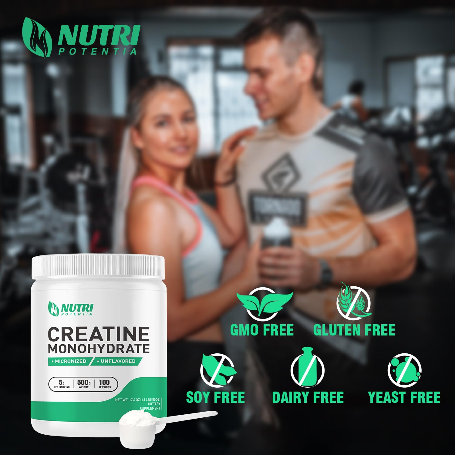 Nutri Potentia Creatine Monohydrate Powder ingredient label highlights vegan and gluten-free features.