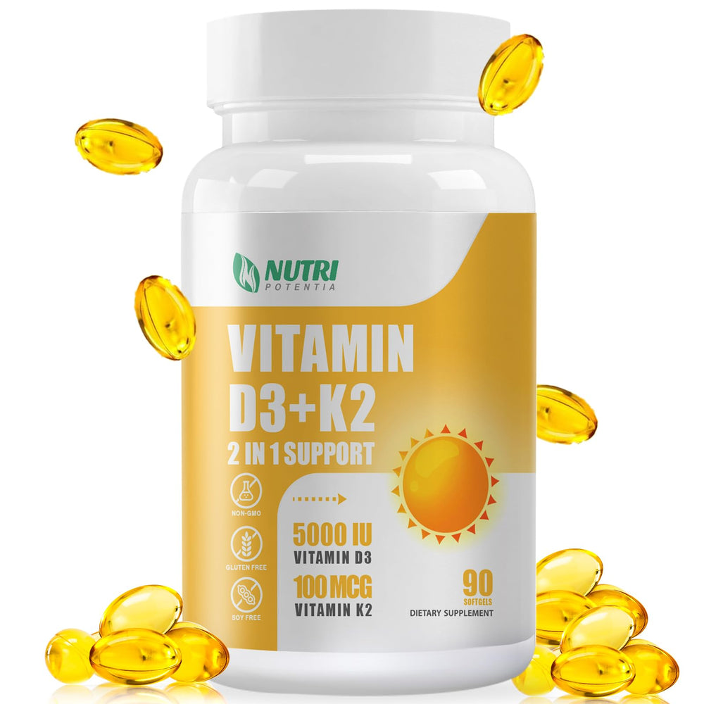 Nutri Potentia D3 K2 softgel bottle for daily bone and heart support.