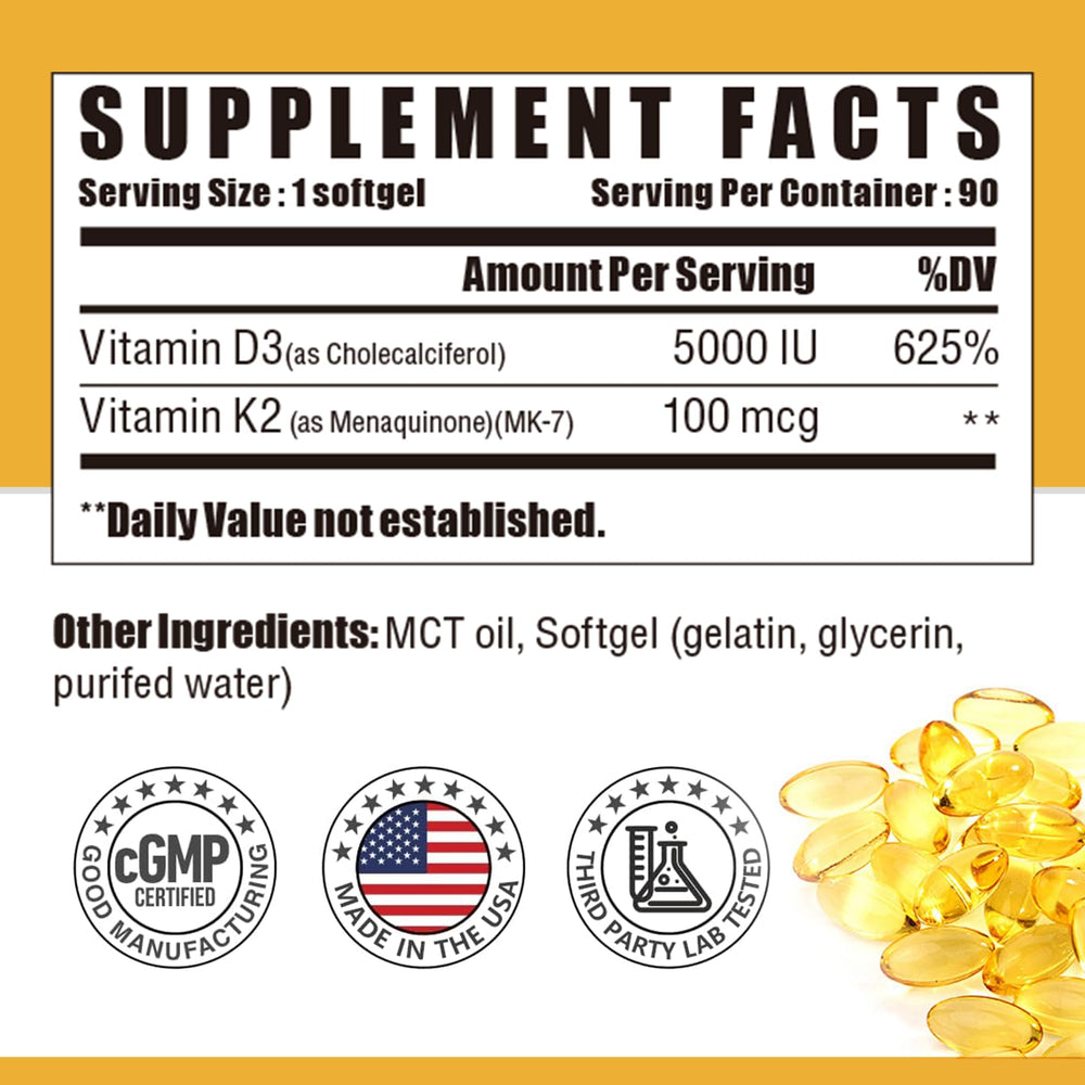 Close-up of Nutri Potentia D3 K2 softgel capsules inside the bottle.