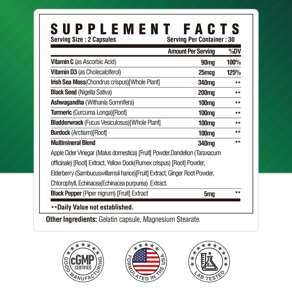 NUTRI POTENTIA Irish sea moss pills with natural blend ingredients displayed.