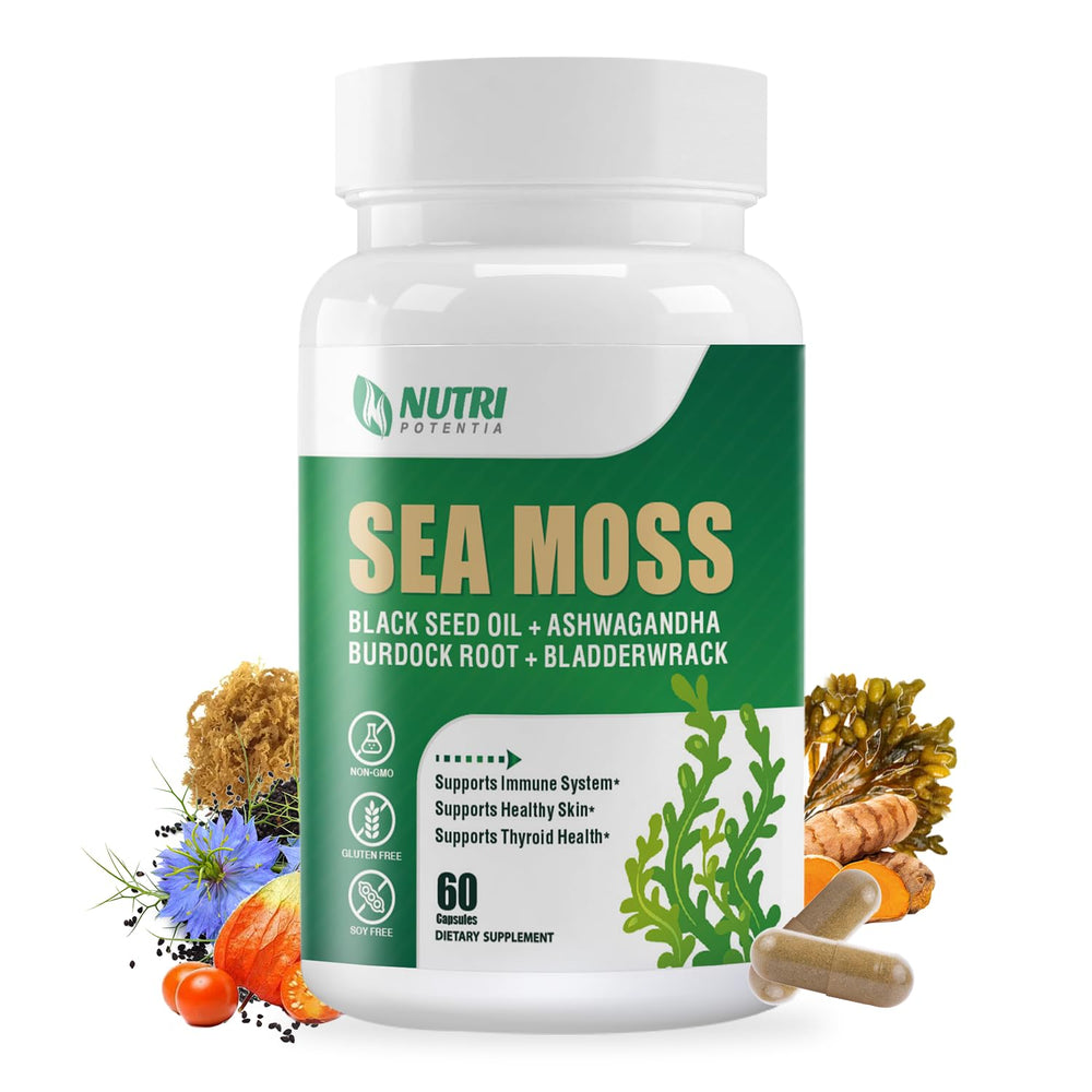 NUTRI POTENTIA sea moss capsules bottle close-up for daily wellness.