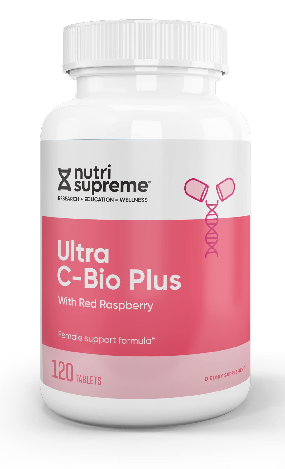 Nutri-Supreme Ultra C-Bio Plus bottle with red raspberry leaf for daily wellness.