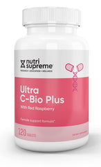 Nutri-Supreme Ultra C-Bio Plus bottle with red raspberry leaf for daily wellness.