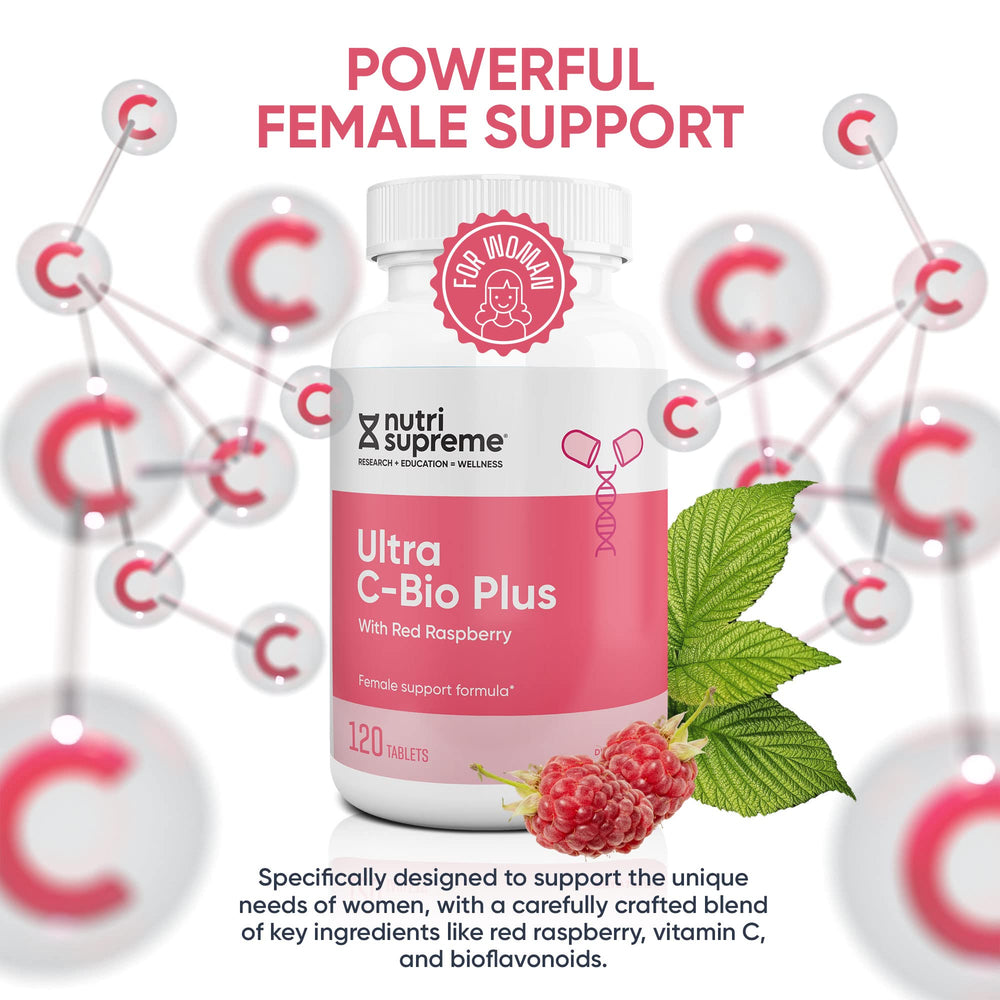 Nutri-Supreme Ultra C-Bio Plus graphic of women's health with red raspberry leaf.