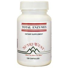 Nutri-West Total ENZYMES 120 bottle front view, gluten-free tablets for meals.