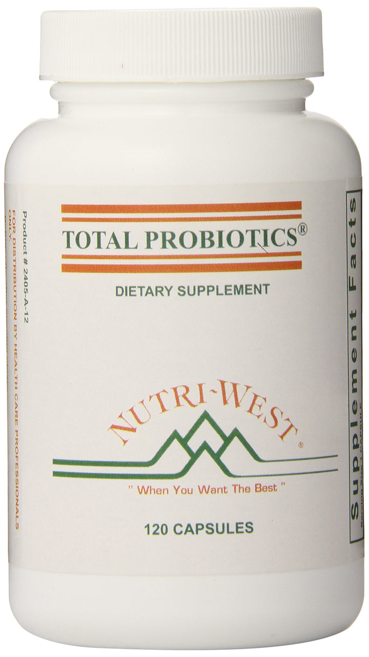 Nutri-West Total Probiotics bottle promoting balanced gut flora daily.