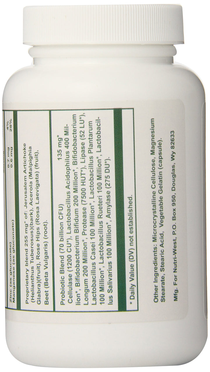Nutri-West Total Probiotics packaging highlights FOS to attract beneficial bacteria.