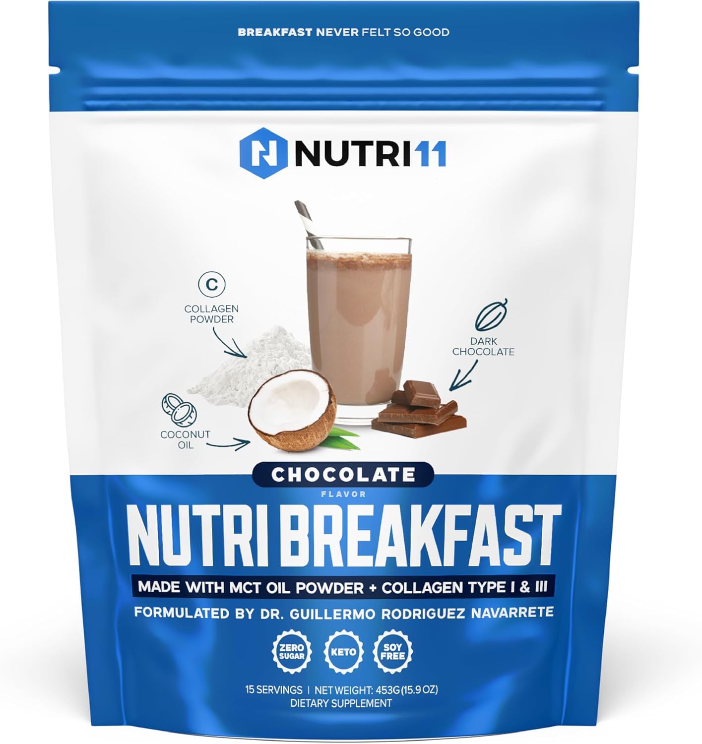 Nutri11 NutriBreakfast bottle showing keto collagen with MCT oil for steady energy