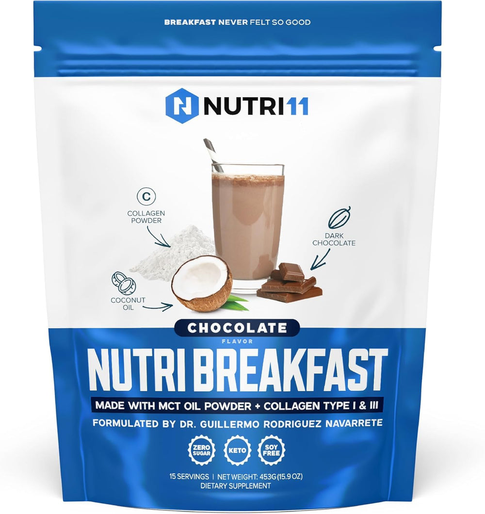 Nutri11 NutriBreakfast bottle showing keto collagen with MCT oil for steady energy