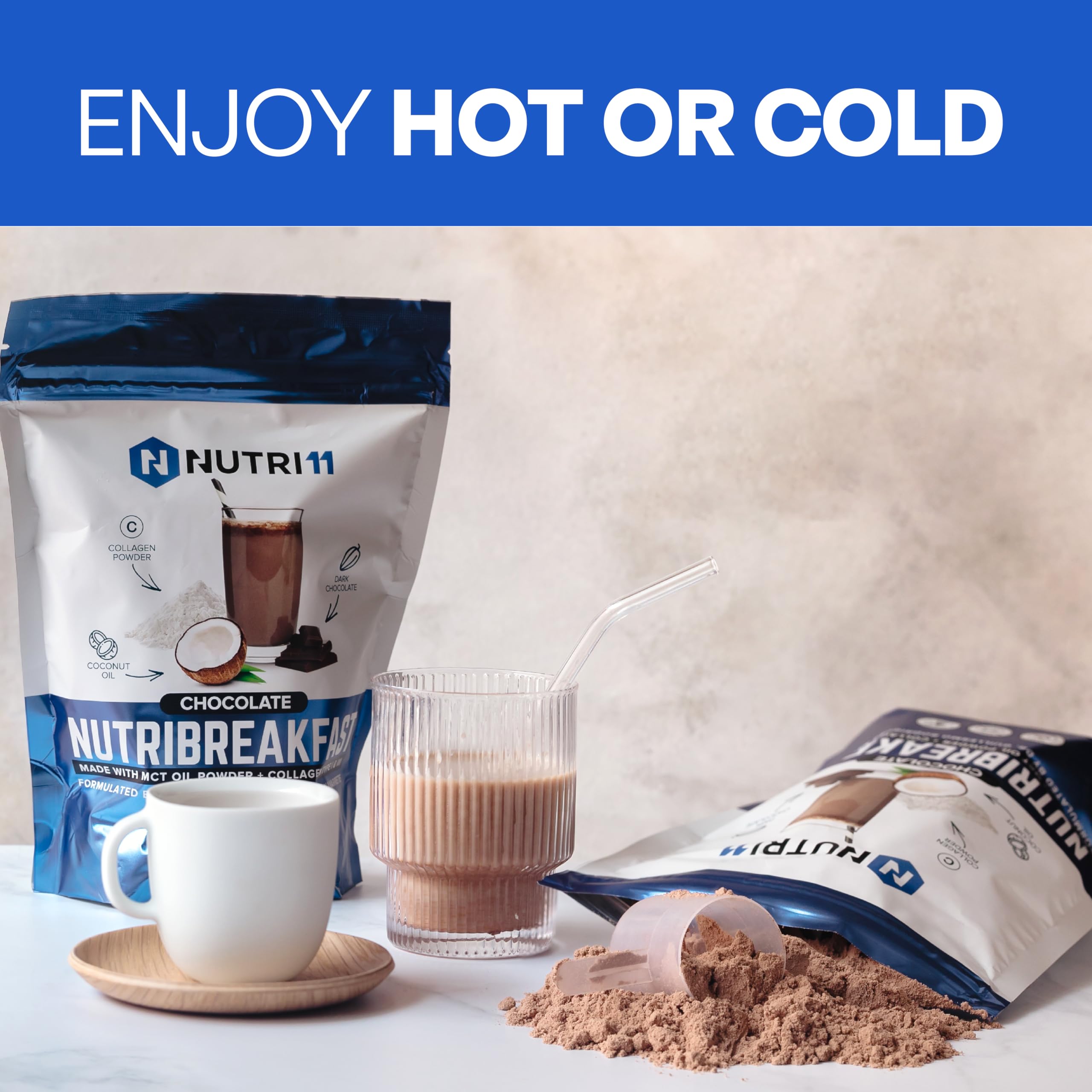 Nutri11 NutriBreakfast chocolate close-up emphasizing rich flavor with monk fruit