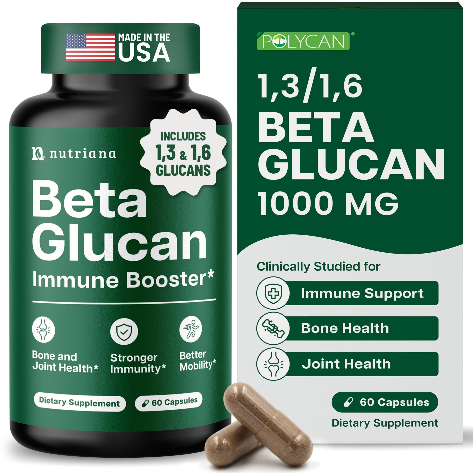 Nutriana beta glucan bottle front with capsules for potential immune support
