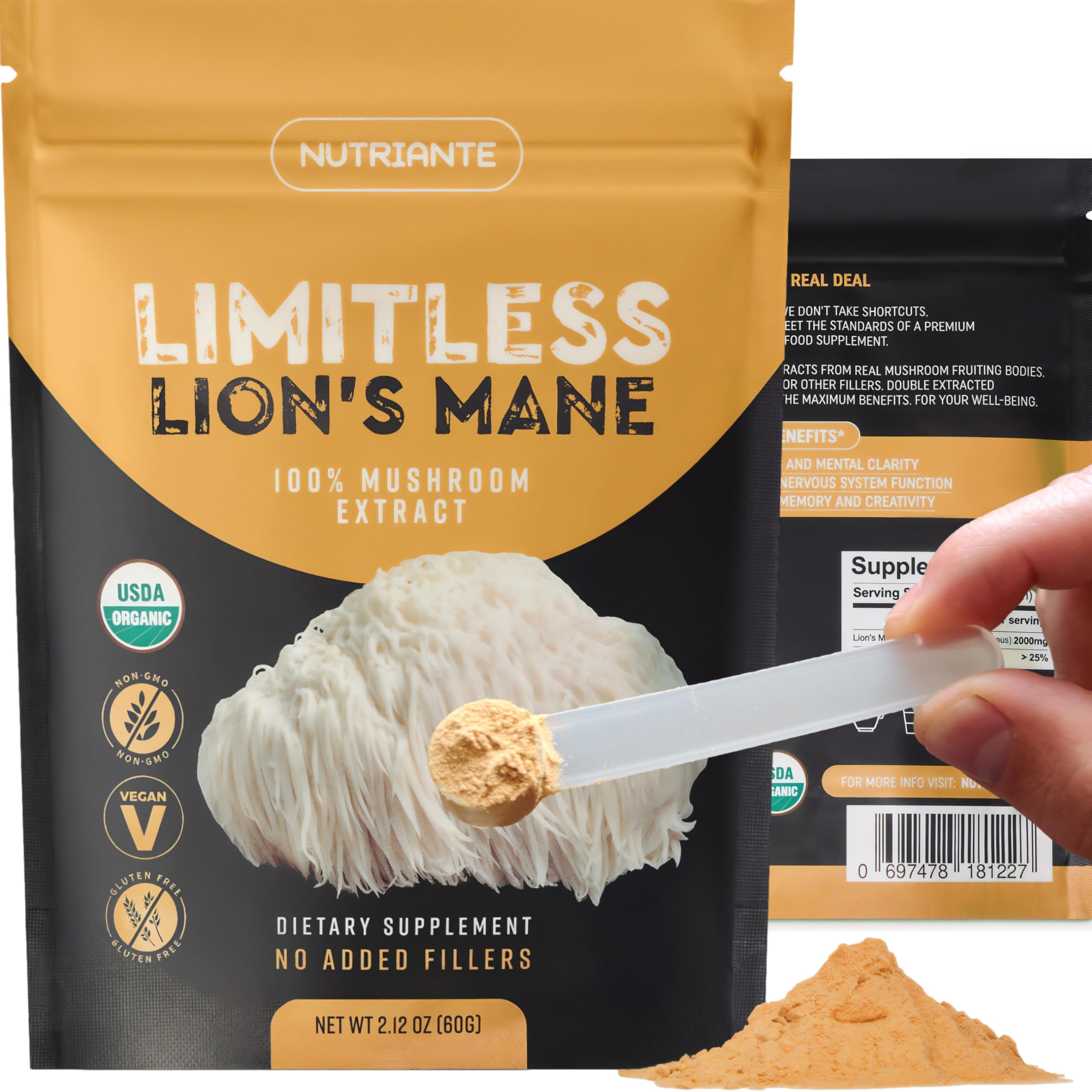 Nutriante Lions Mane powder bottle showcases premium dual extract for daily focus.