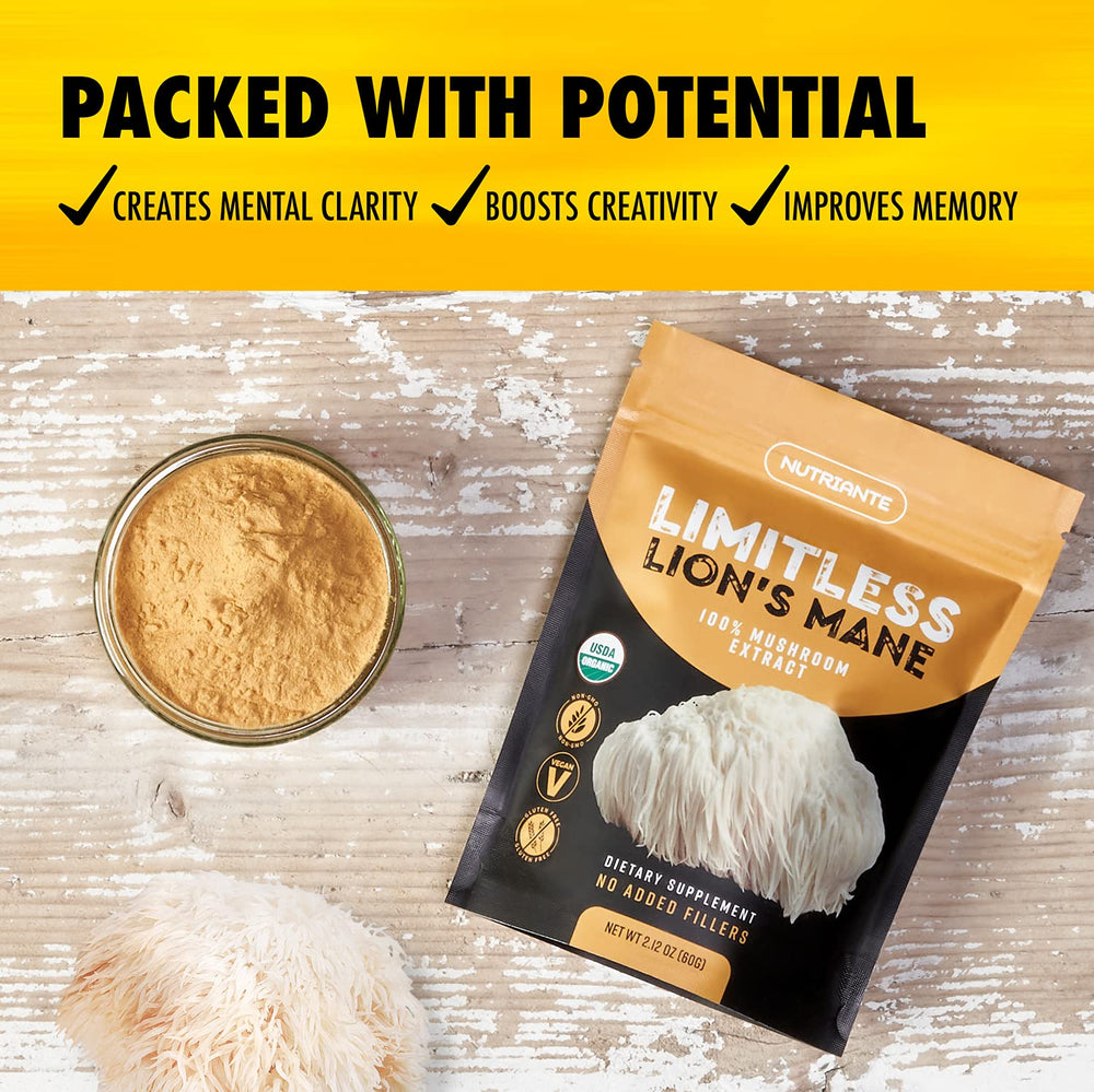 Nutriante Lions Mane powder scoop ready for mixing into beverages.