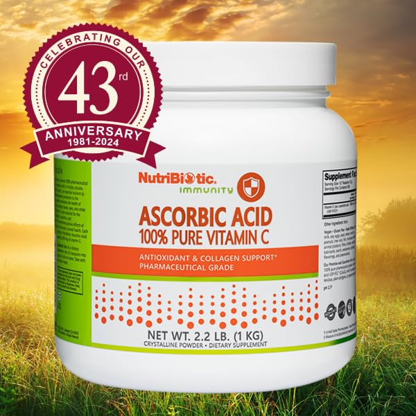 NutriBiotic ascorbic acid powder packaging closeup emphasizes pharmaceutical-grade quality and purity