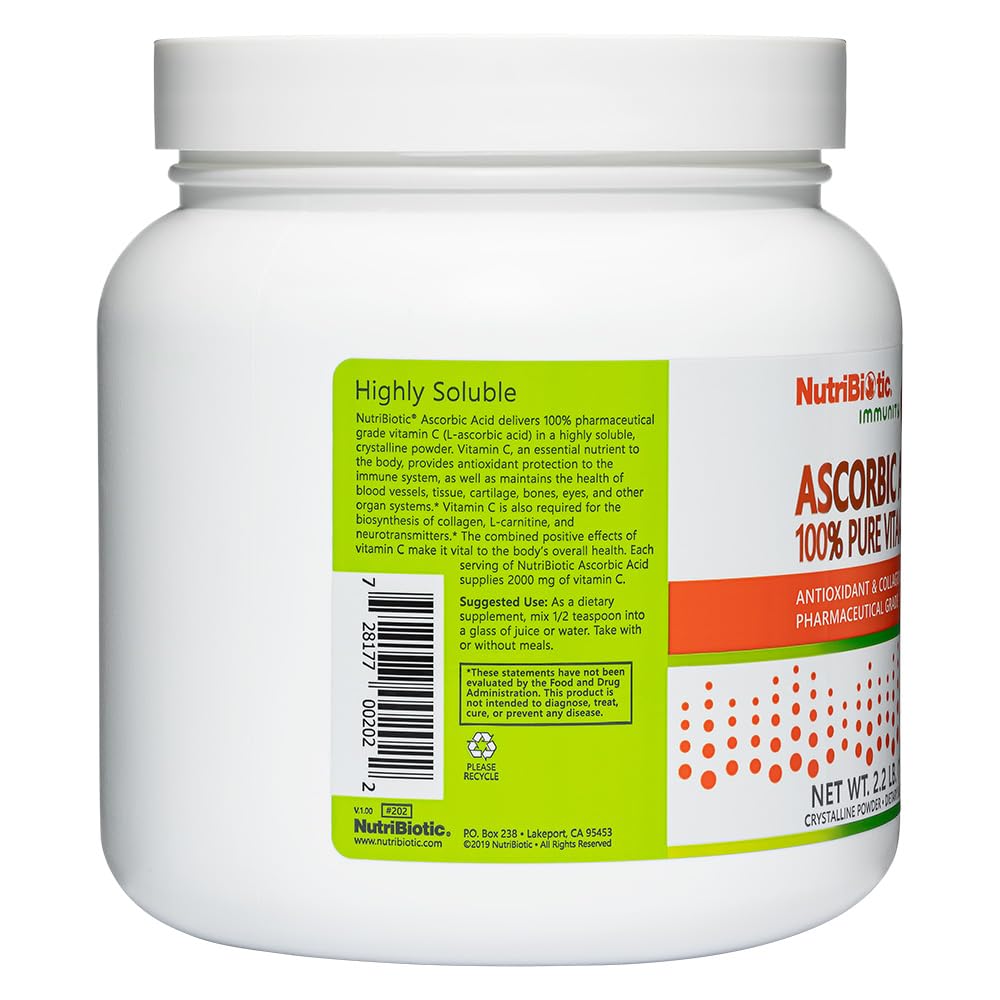 NutriBiotic ascorbic acid powder scoop shows precise measurement for high-dose vitamin C