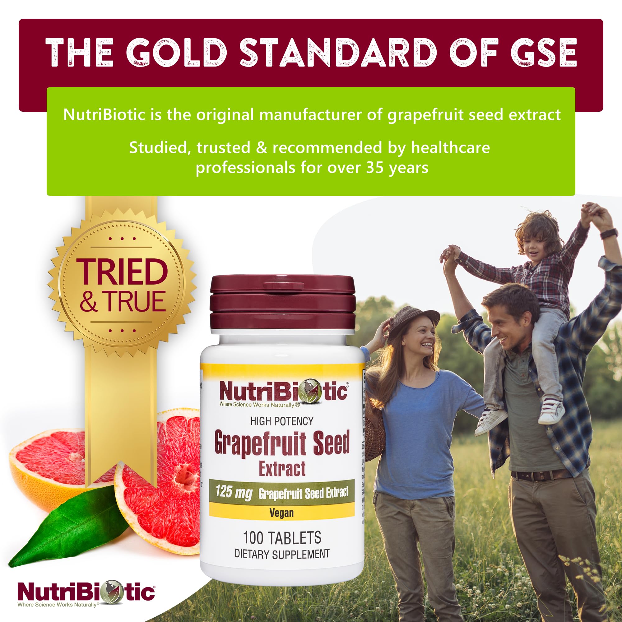 NutriBiotic label on grapefruit seed extract tablets with clear ingredient details.