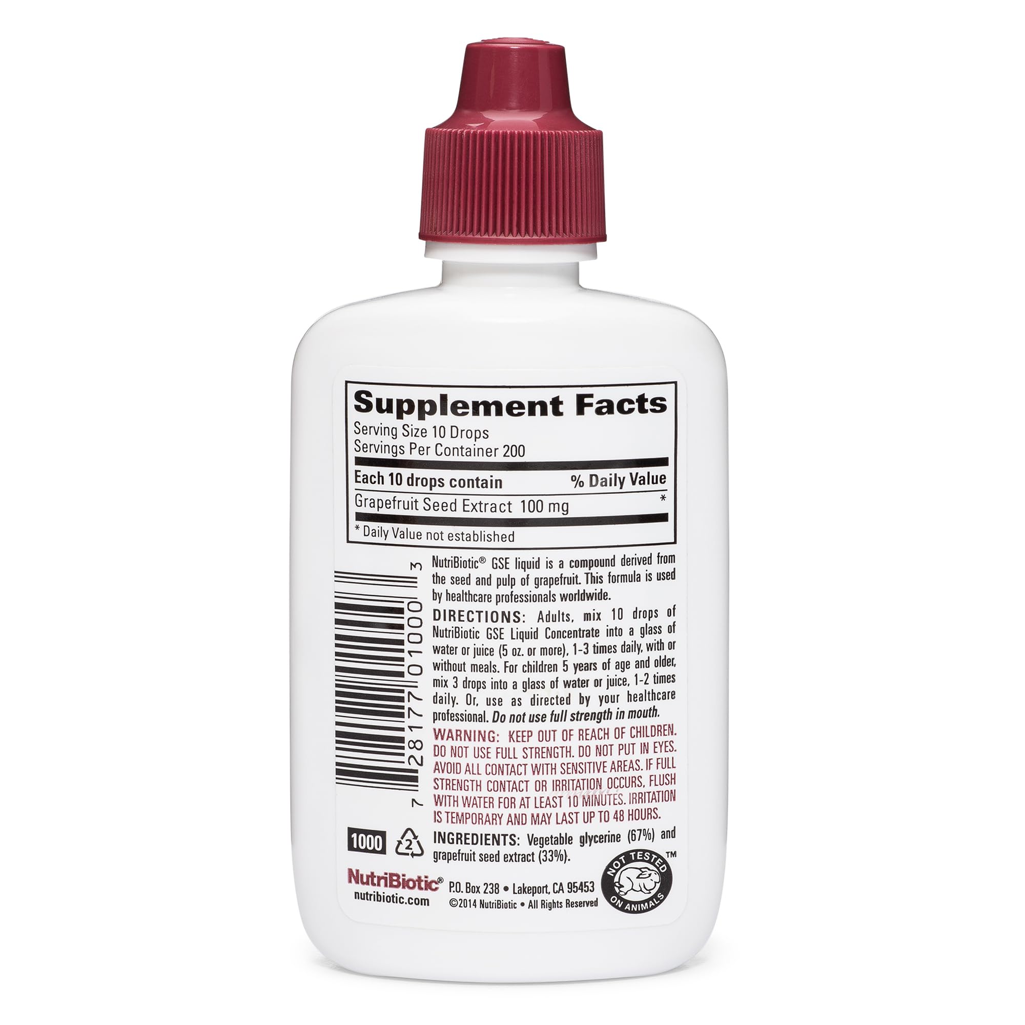 NutriBiotic GSE bottle back with ingredients and plant-based origin details.