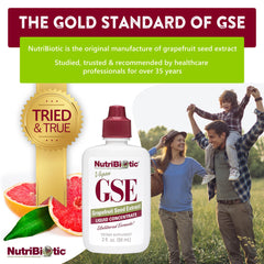 NutriBiotic GSE bottle label close-up showing bioflavonoids and polyphenols.