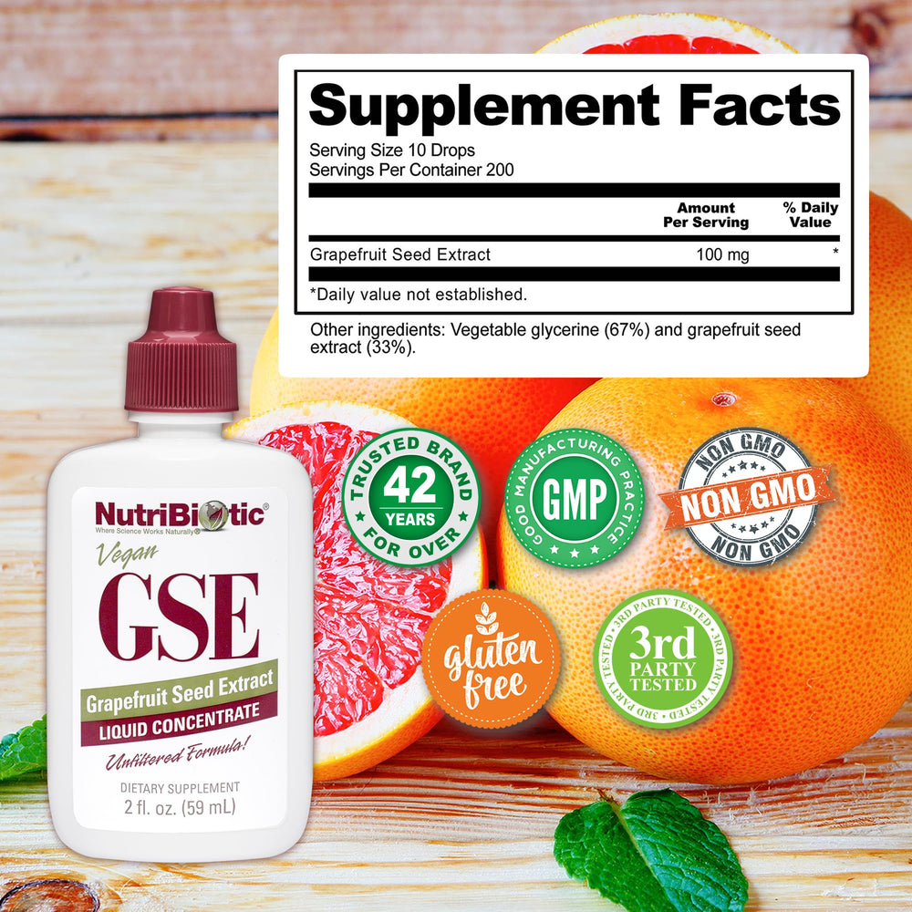 NutriBiotic GSE cap-close signals travel-friendly 2 oz bottle for on-the-go use.