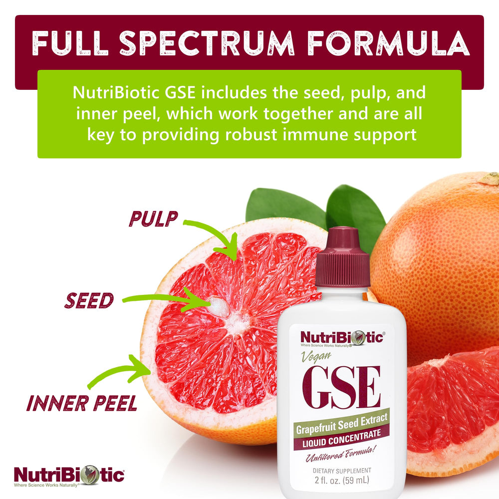 NutriBiotic GSE pour action demonstrates easy addition to water or juice.