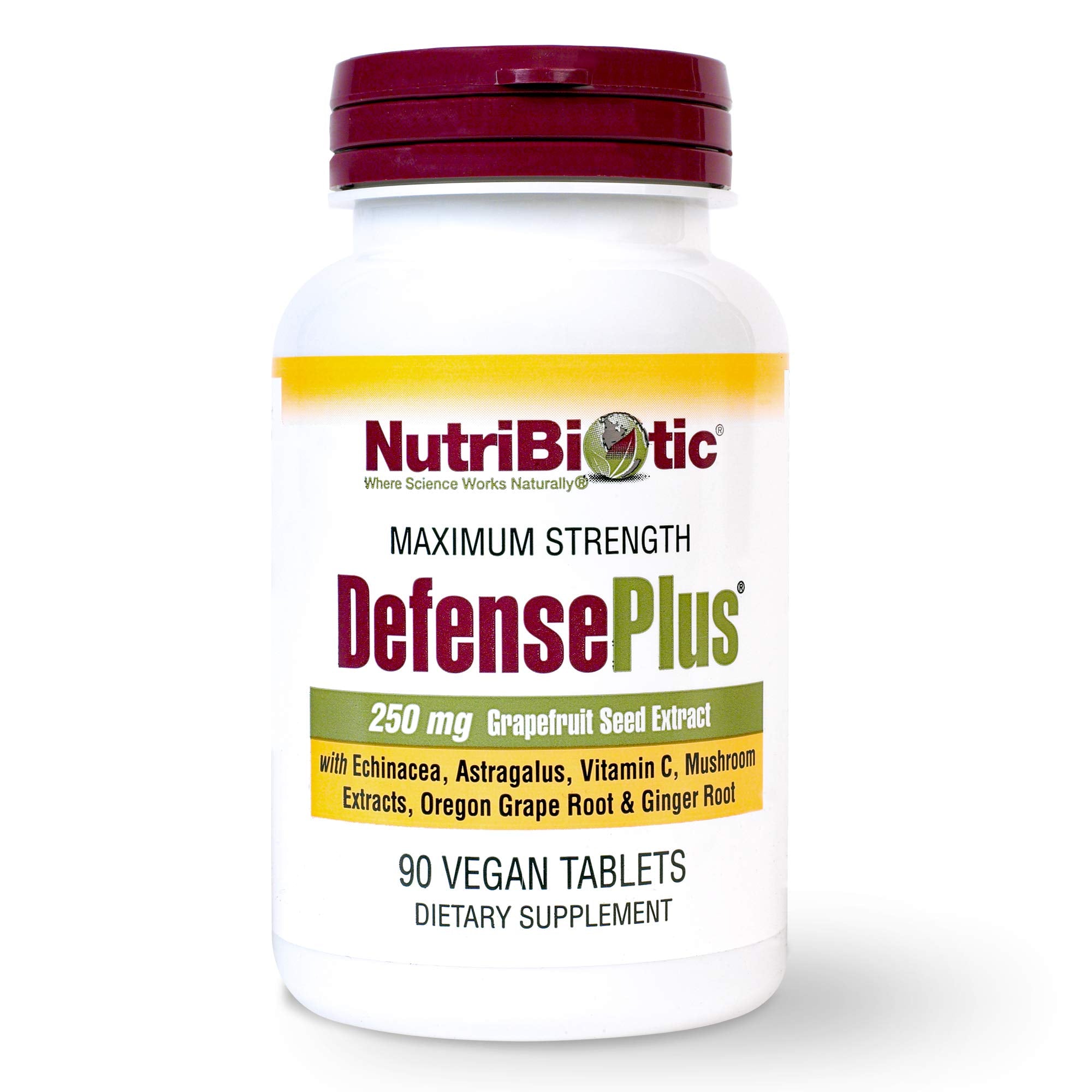 NutriBiotic DefensePlus bottle front with tablets ready for daily immune support.