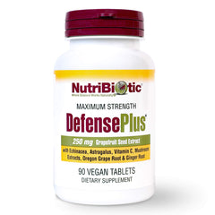 NutriBiotic DefensePlus bottle front with tablets ready for daily immune support.