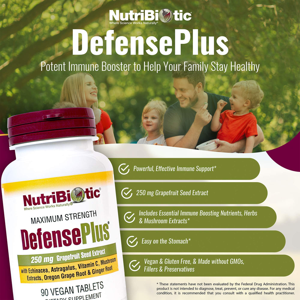 NutriBiotic DefensePlus ingredients close-up featuring mushrooms and echinacea.