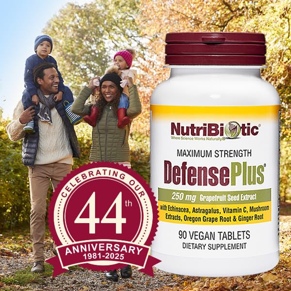 NutriBiotic DefensePlus bottle with a glass of water suggesting daily routine.