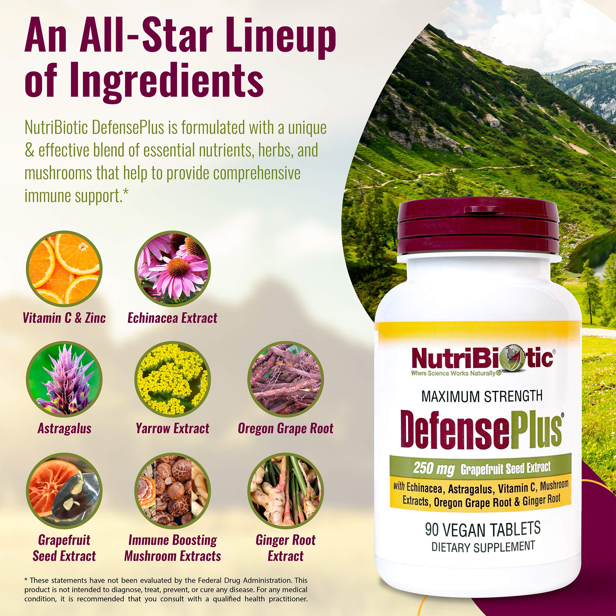 NutriBiotic DefensePlus tablets close-up highlighting essential nutrients.