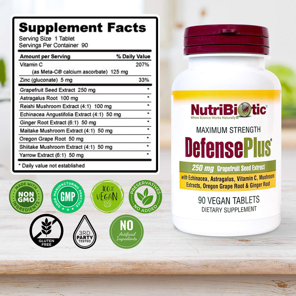 NutriBiotic DefensePlus travel bottle ready for on-the-go immune support.