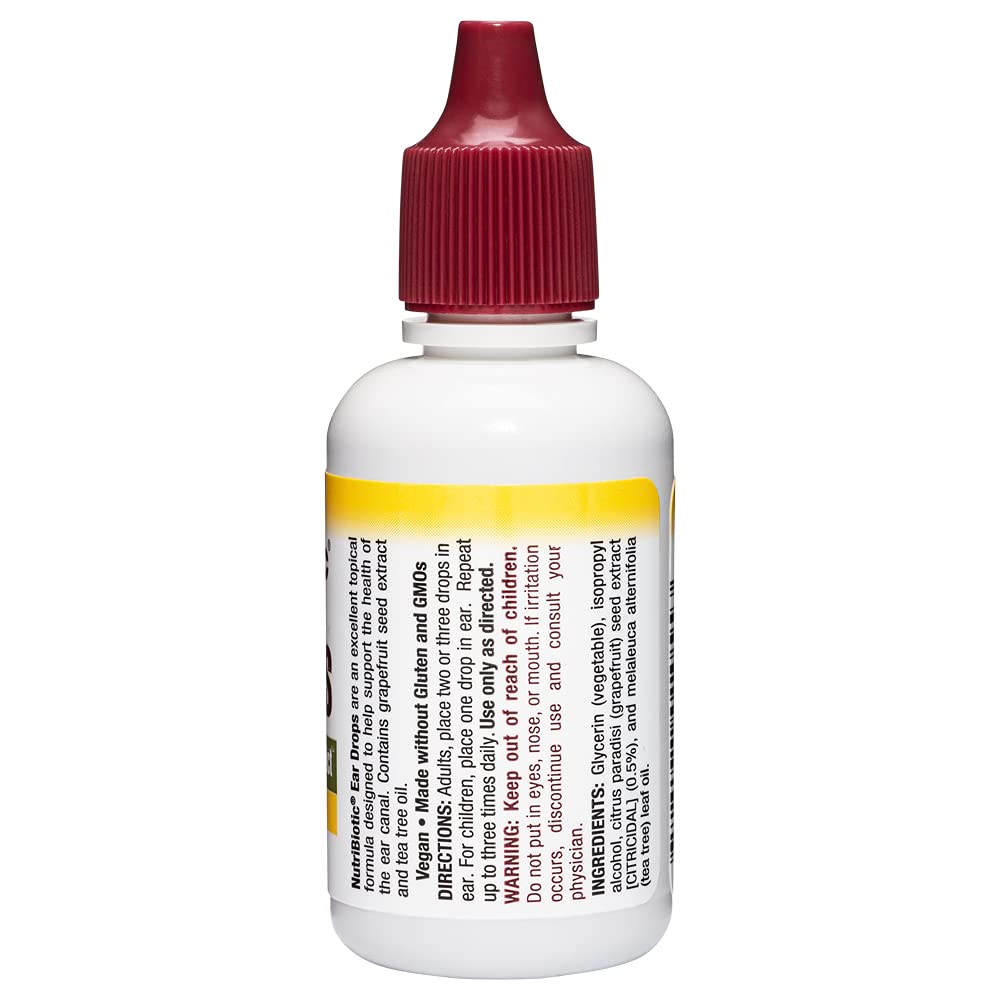NutriBiotic Ear Drops label closeup highlighting vegan and gluten-free features
