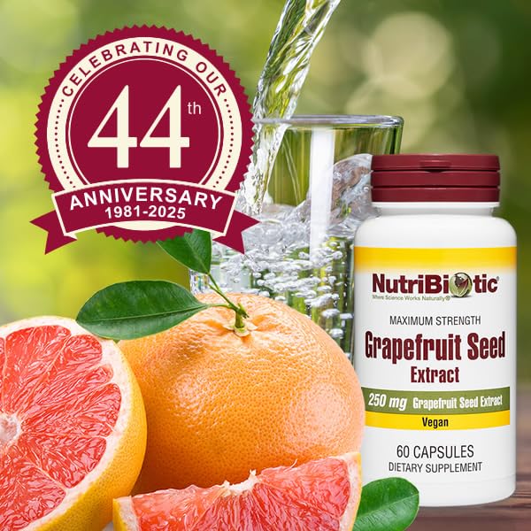 NutriBiotic Grapefruit Seed Extract with bioflavonoids closeup, highlights full-spectrum benefits.
