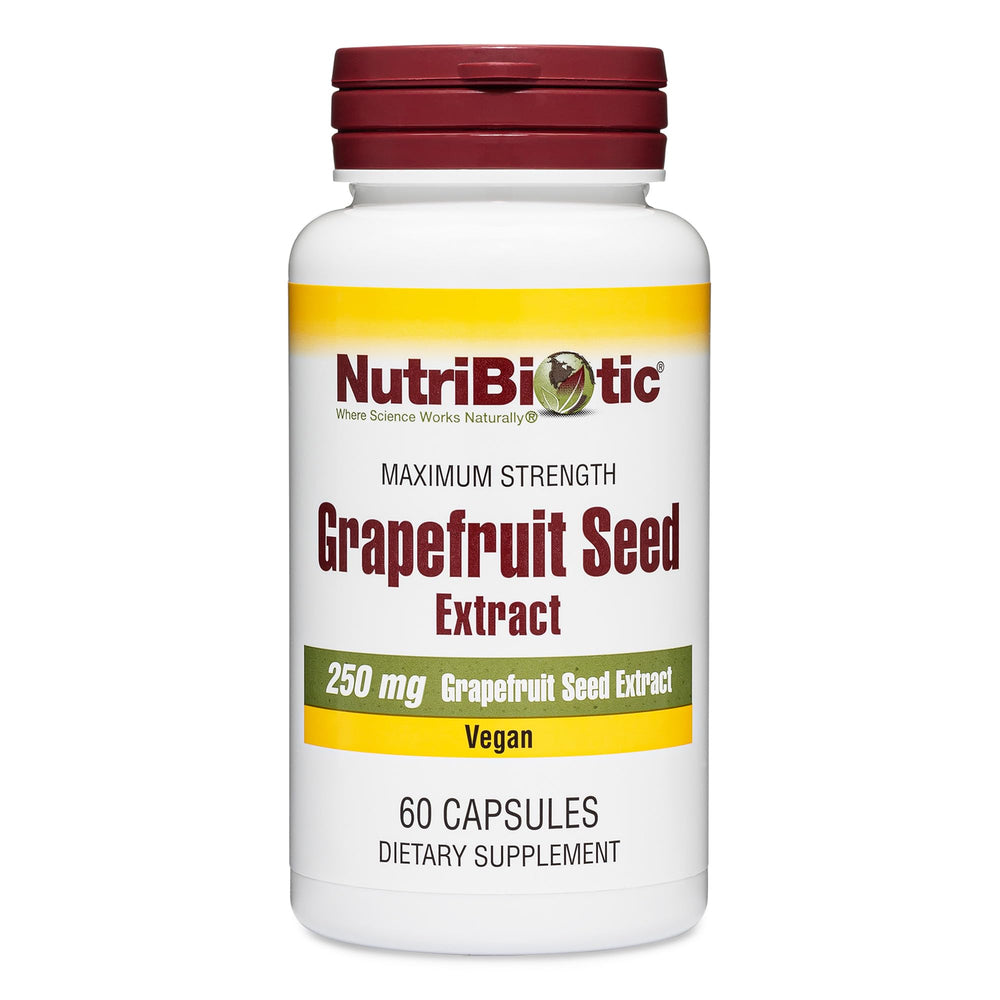 NutriBiotic Grapefruit Seed Extract capsules bottle view, convenient daily supplement for wellness.