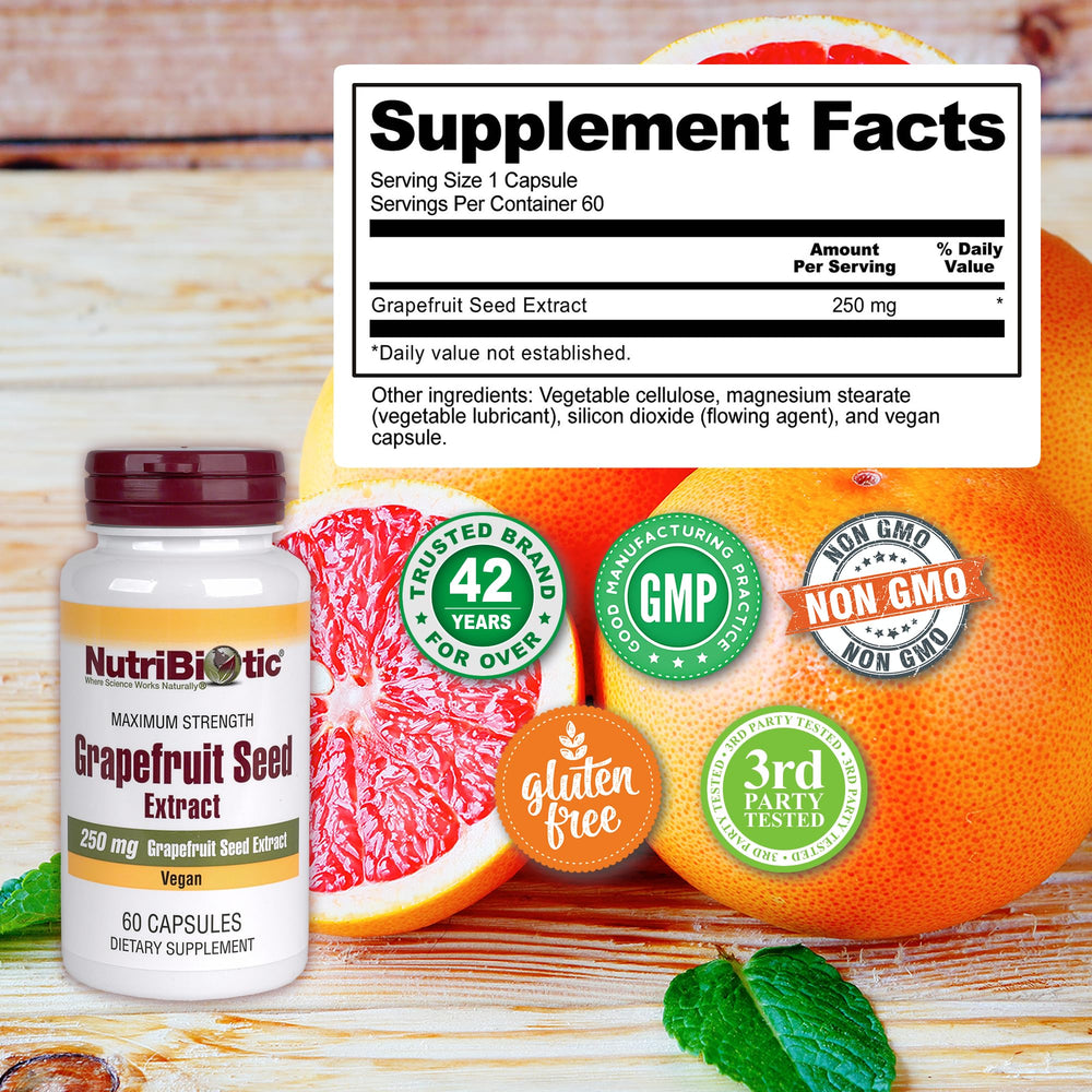 NutriBiotic Grapefruit Seed Extract capsules poured into glass, simple daily usage cue.