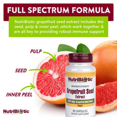 NutriBiotic Grapefruit Seed Extract label closeup, vegan and gluten-free formulation notes.