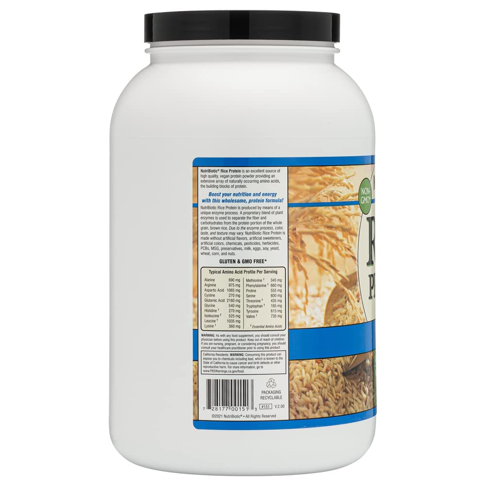 NutriBiotic Plain Rice Protein ingredients panel highlighting sprouted brown rice