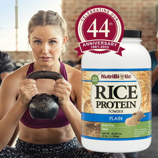 NutriBiotic Plain Rice Protein label close-up, chemical-free processing claim visible
