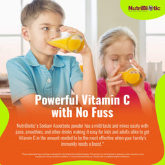 NutriBiotic sodium ascorbate powder jar with label highlights buffered formula